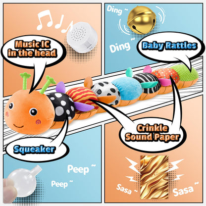 LIGHTDESIRE Baby Toys Musical Caterpillar,Stuffed Animals Infant Toys 3 6 12 Months Sensory Toys with Ruler Design,Crinkle&Rattles,Baby Teething Toy Tummy Time Boy Gifts Easter Basket Stuffer,Orange