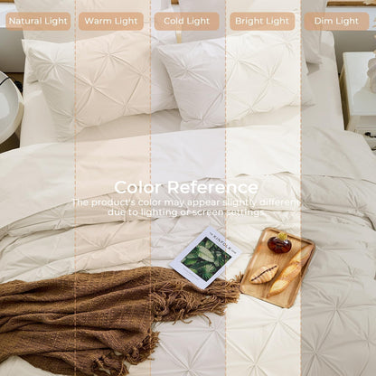 Sasttie Queen Comforter Set, 7-Piece Bed in a Bag, Pintuck Bedding Sets for All Season, Includes Comforter, Flat Sheet, Fitted Sheet, Pillowcases and Pillowshams, Beige