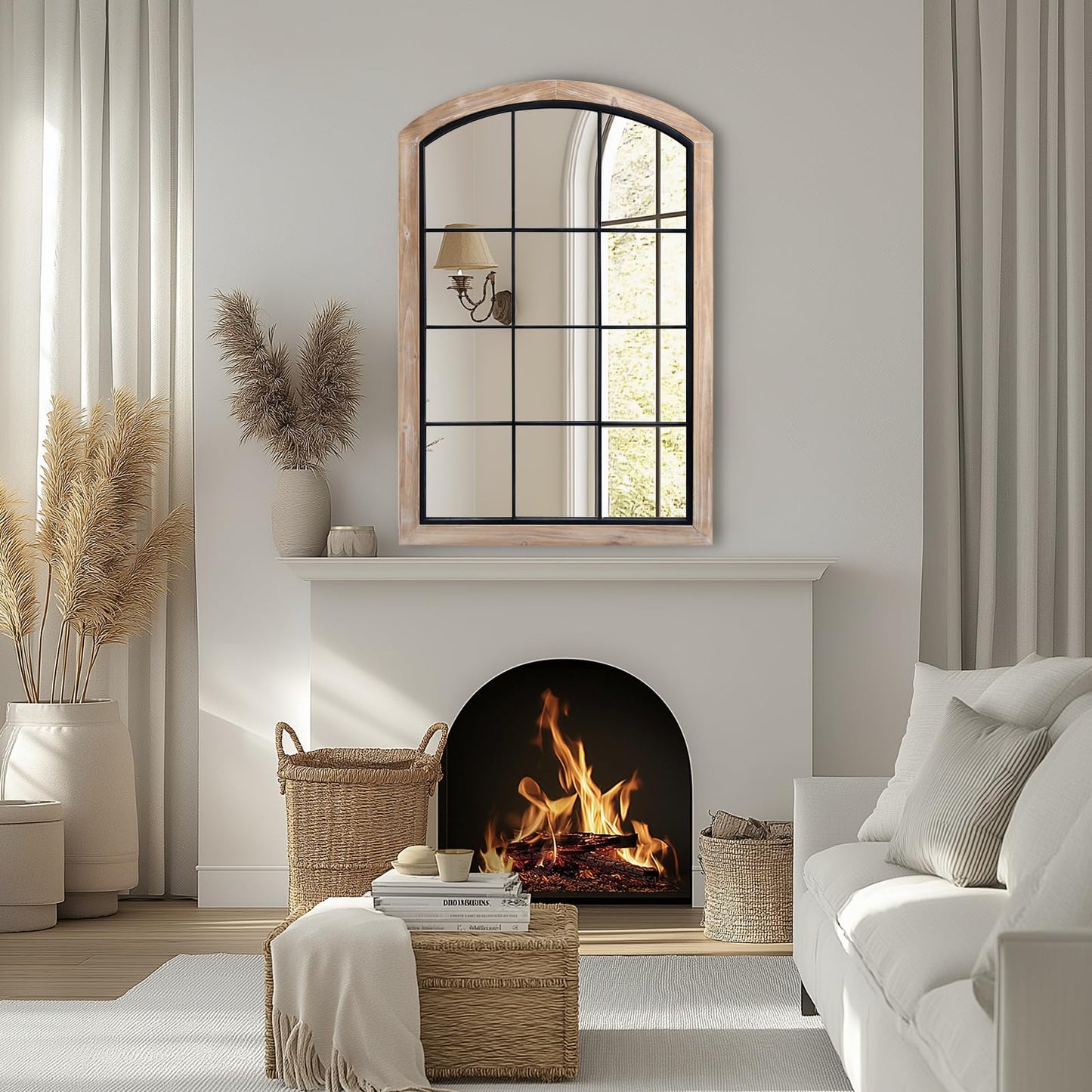IPOUF Farmhouse Arch Wood Window Mirror, 24X36 Decorative Arch Wall Mirror, Wood Framed Rustic Mirror Metal Inner Frame Wall Decor for Entryway & Living Room,Natural