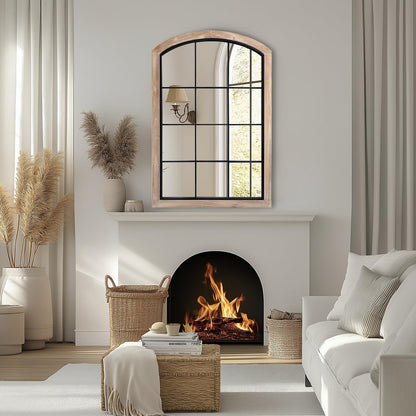 IPOUF Farmhouse Arch Wood Window Mirror, 24X36 Decorative Arch Wall Mirror, Wood Framed Rustic Mirror Metal Inner Frame Wall Decor for Entryway & Living Room,Natural
