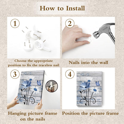 HVEST Farmhouse Floral Wall Art for Living Room, Blue and White Daisy Flower and Butterfly on Rustic Wood Board Canvas Wall Art Framed Artwork Ready to Hang for Bathroom Bedroom Decor, 16L X 12W