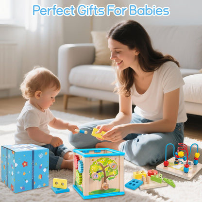 WOODMAM Wooden 7-in-1 Activity Cube, Montessori Toys for 1 Year Old Toddlers, Baby Educational Developmental Toys, One Year Old Boys Girls First Birthday Gifts with Bonus Sorting & Stacking Board