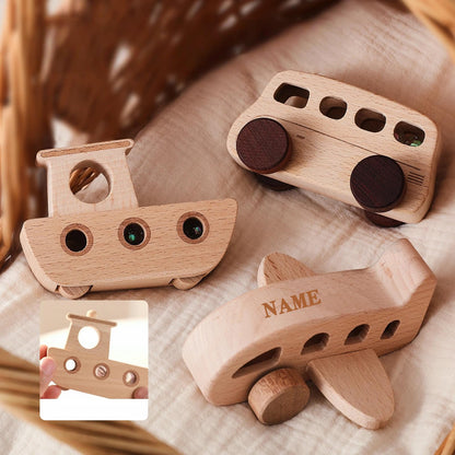 Wooden Cars for Toddlers 1-3, Wooden Vehicles Baby Cars Set with Bus, Airplane and Boat, Montessori Rattle Toys with Rolling Beads, Ideal for Boys and Girls