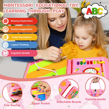 Toddler Busy Board Montessori Toys for Toddler 1-3 Year Old, Girl Birthday Gift, Preschool Educational Montessori Busy Book Board, Felt Sensory Activity Board Sorting Toy Age 2-4 with Fine Motor Skill