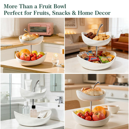 SEVEN SPARTA Double Layer Cherry-Shaped Ceramic Fruit Bowl, 2-Tier Countertop Fruit Basket for Kitchen, Modern Decorative Serving Platter for Fruits, Snacks, Candies (White)