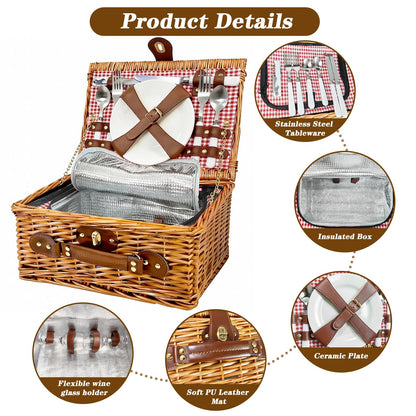 Picnic Basket for 2 - Picnic Basket with Cutlery Kit and Glasses, Insulated Picnic Set with Waterproof Liner, Portable Wicker Picnic Baskets with Lid and Handle for Outdoor, Picnic, Camping, Holidays