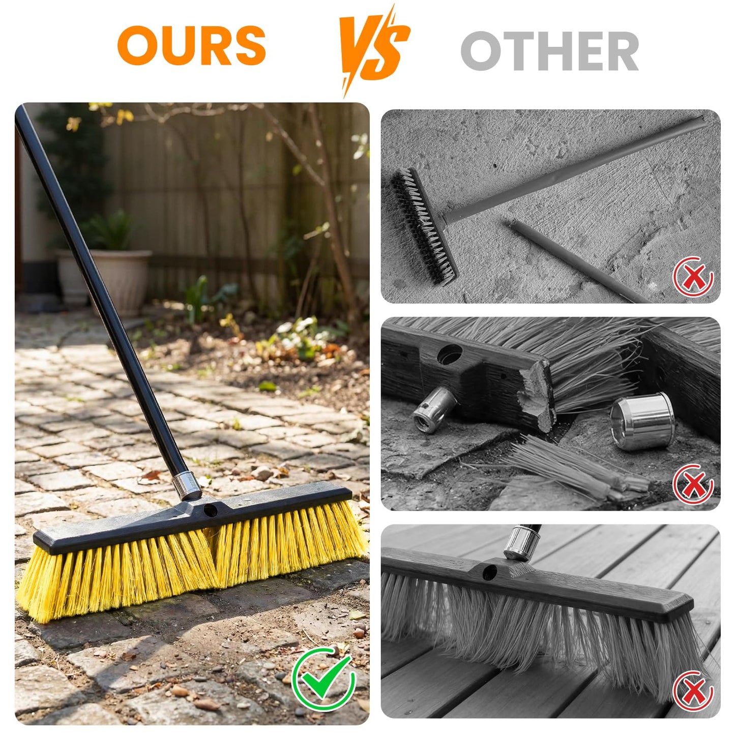 TOMAIX 24 Inches Push Broom Outdoor，Commercial Broom Brush，Stiff Bristle Brush with 61.8 inches Long Handle for Patio Garage Deck Street Shop Warehouse Lawn Driveway -2 Pack