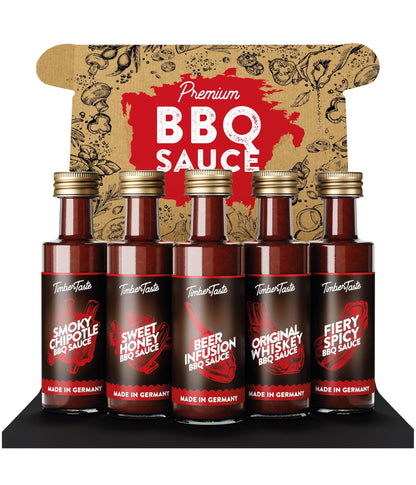 TIMBER TASTE® BBQ Sauce Gifts for Men [5x40 ml] - BBQ Sampler Set with Rubs and 5 Gourmet Barbecue Blends | BBQ Gift Sets | Grill Sauces Gift Set | BBQ Sauce Kit for Dads Birthday Present Box