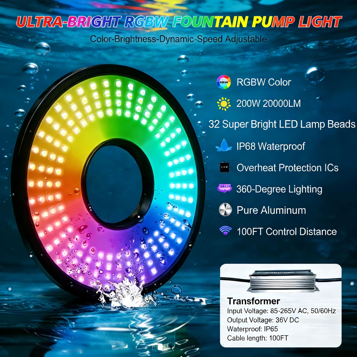 Pond Fountain Aerator Lights RGBW 20000LM LED Fountain Light with 100FT Power Cord AC 120V, 100ft Cable with Controller IP68 Waterproof,Wireless Sync Control with Most Pond Aerators