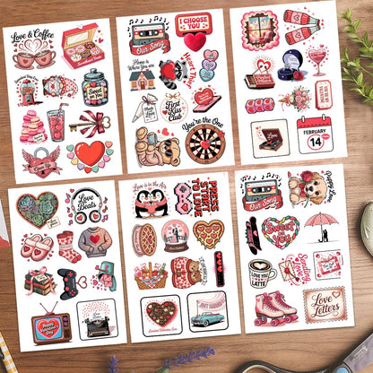 60Pcs Valentine's Day Sticker Pack – Cute Love-Themed Stickers with Hearts, Roses, Bears, Candy, Music, and Sweet Quotes – Perfect for Scrapbooking, Journaling, Gifts, and Valentine's Decorations