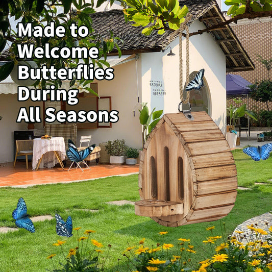 Butterfly House Butterfly Habitat Garden - Wooden Butterfies Houses with Feeder Hanging Garden Decoration Natural Nesting Box for Butterflies Bugs Moths & Lacewings