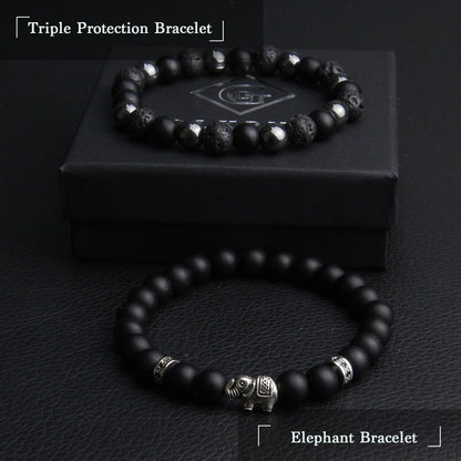 GDLKPYHS Black Obsidian Bracelets for Men - Elephant Bracelet - Tourmaline Beaded Bracelets, 8MM Black Onyx Hematite Lava Stone Beads Triple Protection Bracelet for Men Women Gifts