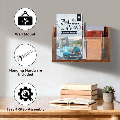 Waratah Designs Wall Magazine Holder – Wooden Wall Mounted Magazine Rack, Clear Acrylic Panel – Magazine, Book, Home Office File Organizer – Vinyl Record Holder – Rustic Brown