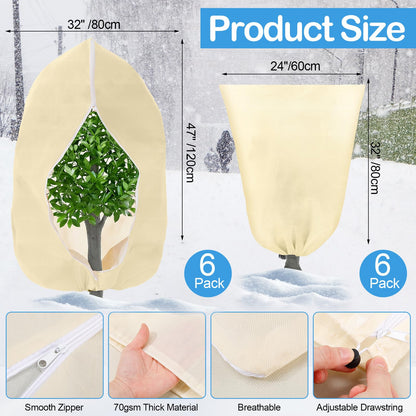 Wesnoy 12 Pack Winter Plant Covers Freeze Protection 2 Size 47" x 32" and 24" x 32" Winter Frost Cloths Blankets with Zipper Drawstring Tree Covers for Outdoor Plants Shrubs Potted Trees(Beige)