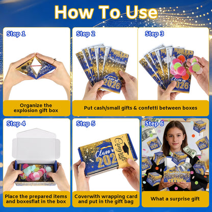 Sereliy Graduation Exploding Money Gift Boxes for Cash, 12 Pack Pop Up Surprise Money Box with Confetti, Blue Gold Graduation Explosion Gift Box for Cash Giving Class of 2026