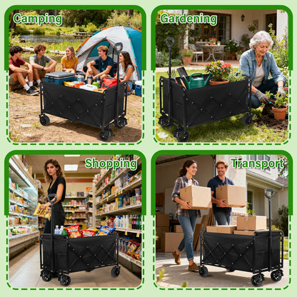 Wagon Cart Foldable,500Lbs Collapsible Wagon Cart with Wheels Portable, All Terrain Outdoor Utility Carts for Groceries, Camping, Sports, Garden, Shopping, Black