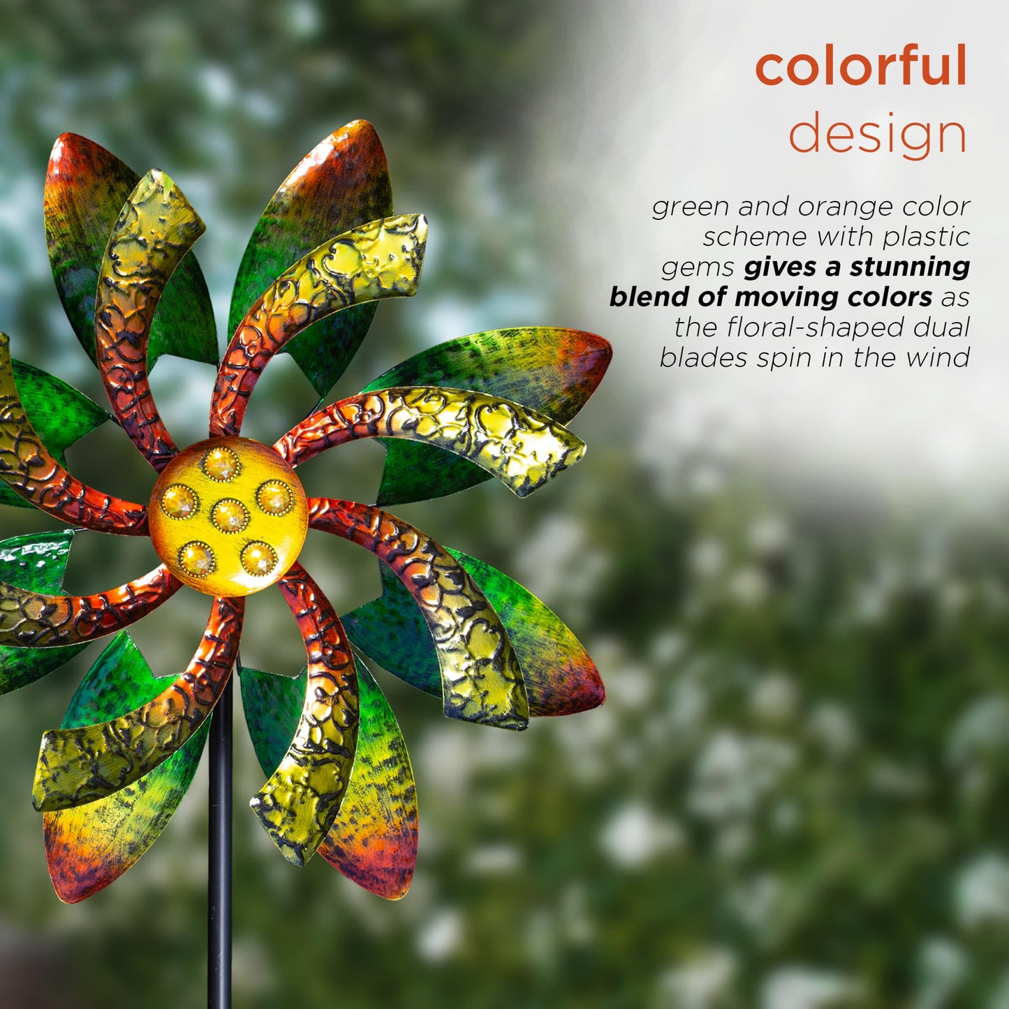 Alpine Corporation 64" Tall Floral Windmill Stake with Jeweled Kinetic Spinner, Green and Orange