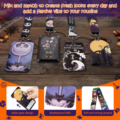 4 Pack ID Badge Holder Lanyards – Jack Sally The Nightmare Before Christmas Themed Student Card Holders for School, College & Office - Essential Campus Gear for Dorm, Dining Hall & Library Access