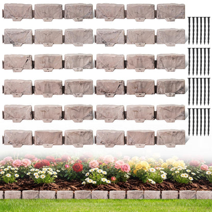 Landscape Edging Faux Stone Garden Edging Border,17FT x 2.75 in Tall Decorative Stone-Look Garden Border for Flower Bed Edging,Lawn,Landscaped Yard,Trees and Gardens,with Anchoring Spikes,Brown
