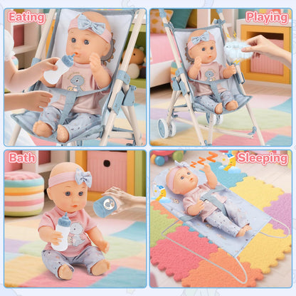 deAO Baby Doll Set,12 inch Doll Playset with Doll Stroller Crib Bed Nursery Role Play Set Accessories and Play Mat,Foldable Stroller and Travel Bag,Birthday Gifts for Girls