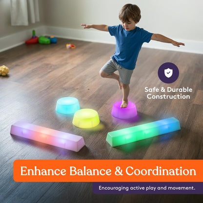 Special Supplies LED Stepping Stones for Kids -Light-Up Balance Blocks- Coordination & Balance for Toddlers & Children- Durable Non-Slip Rubber, Safe Indoor & Outdoor Play (2 Beams + 3 Circles)
