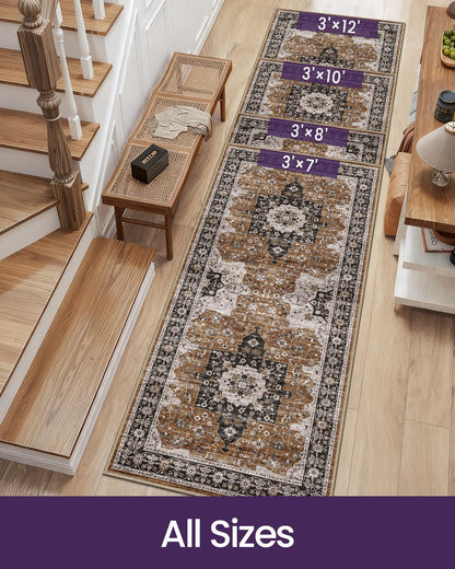 DEXI Hallway Washable Runner Rug 3x7, Vintage Farmhouse Thin Kitchen Runner with Non Slip Backing, Soft Entryway Floor Rug, Stain Resistant Distressed Carpet for Bedroom Living Room, Brown