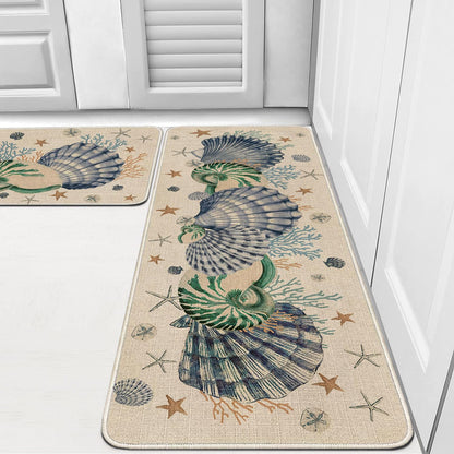 Faptoena Shells Coral Whelks Starfish Kitchen Rugs Set of 2,Ocean Theme Kitchen Mats for Floor,Summer Beach Sink Mats Home Decor Doormat+Runner Rug