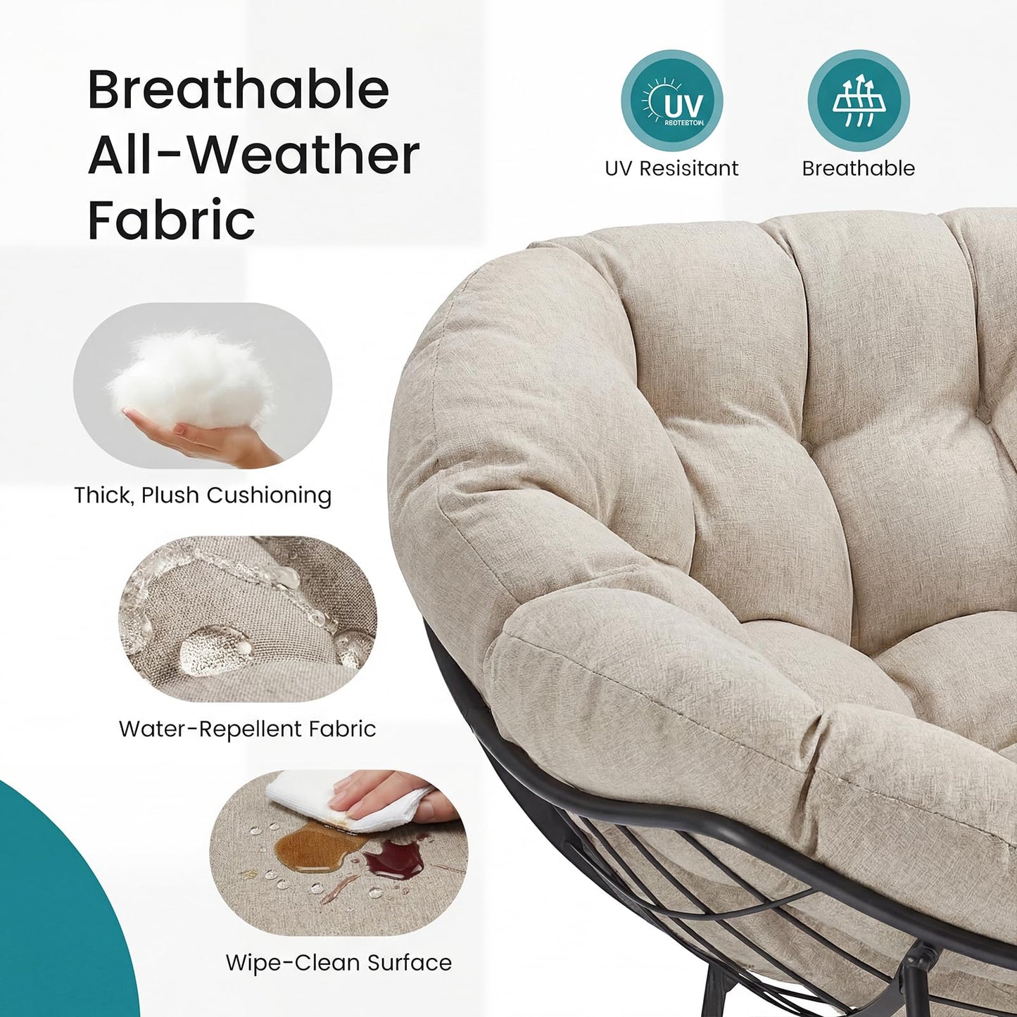 OLIXIS Outdoor Rocking Chair with 5.5" Thick Cushion, Oversized Egg Lounge Chair with Water-Repellent & UV-Resistant Fabric, 450 Lbs Heavy Duty for Patio, Living Room, Garden, Bedroom, Beige