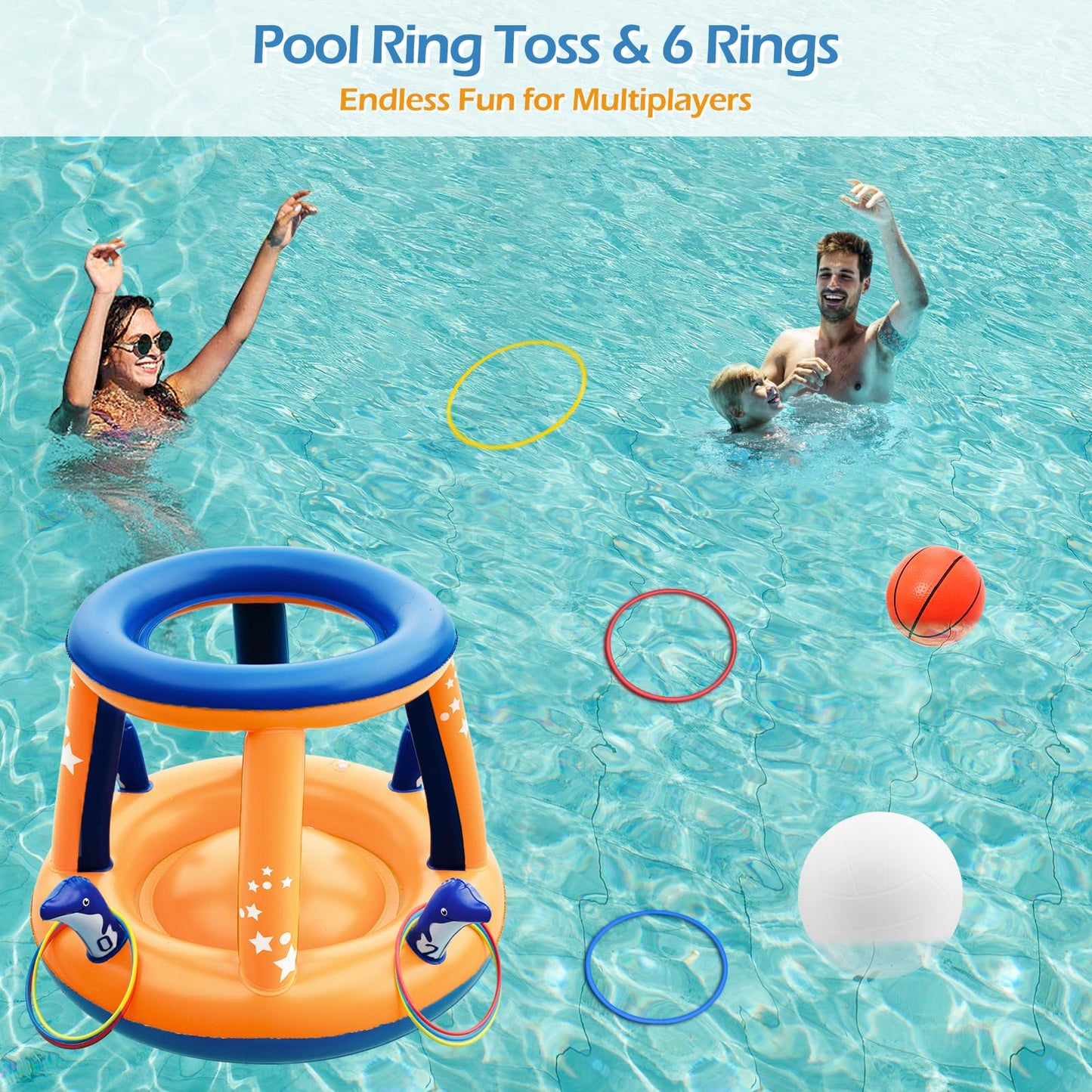 Jasonwell Pool Toys Games Set - 3 in 1 Pool Volleyball Net Basketball Hoop Ring Toss Game Inflatable Floats Water Floating Volleyball Swimming Pools Games Party Gift for Kids Adults (Orange&Blue, XL)