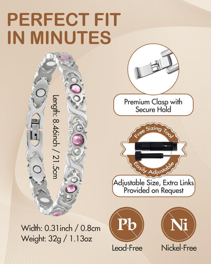 Feraco Pure Copper Bracelets for Women, 4 Elements Magnetic Bracelet with 3800 Gauss Neodymium Magnets & Dazzling Crystals, Adjustable Jewelry Gift (Silver)