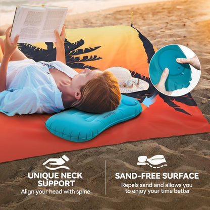 Beach Blanket, Waterproof Sandproof Beach Mat with Stakes and Inflatable Camping Pillow, 79" X 83" Quick Drying Lightweight & Durable Outdoor Picnic Mat with 4 Corner Pockets for Beach Camping