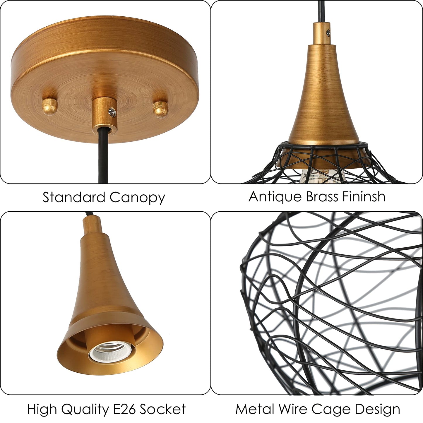 Durent Lighting Brass Modern Industrial Pendant Light, Antique Gold and Black Pendant Lighting Fixtures with Metal Wire Cage for Kitchen Island, Dining Room, Foyer and Bedroom
