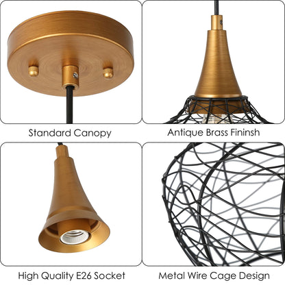 Durent Lighting Brass Modern Industrial Pendant Light, Antique Gold and Black Pendant Lighting Fixtures with Metal Wire Cage for Kitchen Island, Dining Room, Foyer and Bedroom