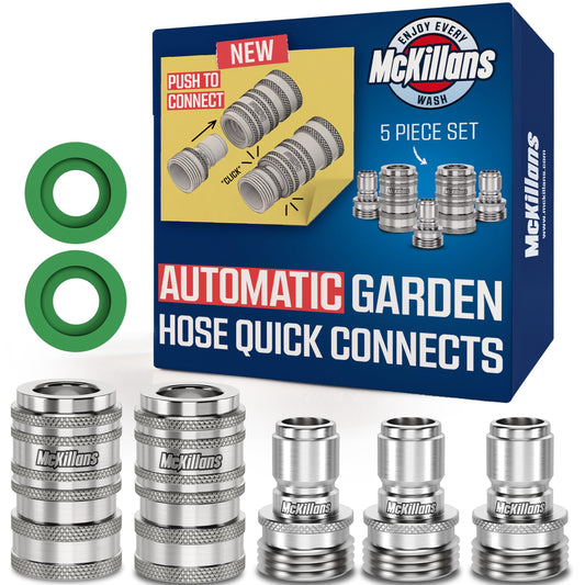 McKillans® 2025 Automatic Garden Hose Quick Connect [UNIVERSAL FIT] - Stainless Steel Quick Connect Hose Fittings - Water Hose Connectors - Quick Disconnect Adapter - INSTANT CONNECTION - 5 Pc Kit
