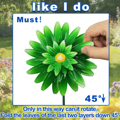 2 Pack Metal Flower Wind Spinners, Yellow Sunflower & Green Daisy Garden Stakes Yard Art, Decorative Floral Pinwheels Lawn Ornaments for Outdoor, Patio, Backyard and Flower Bed Spring Decor