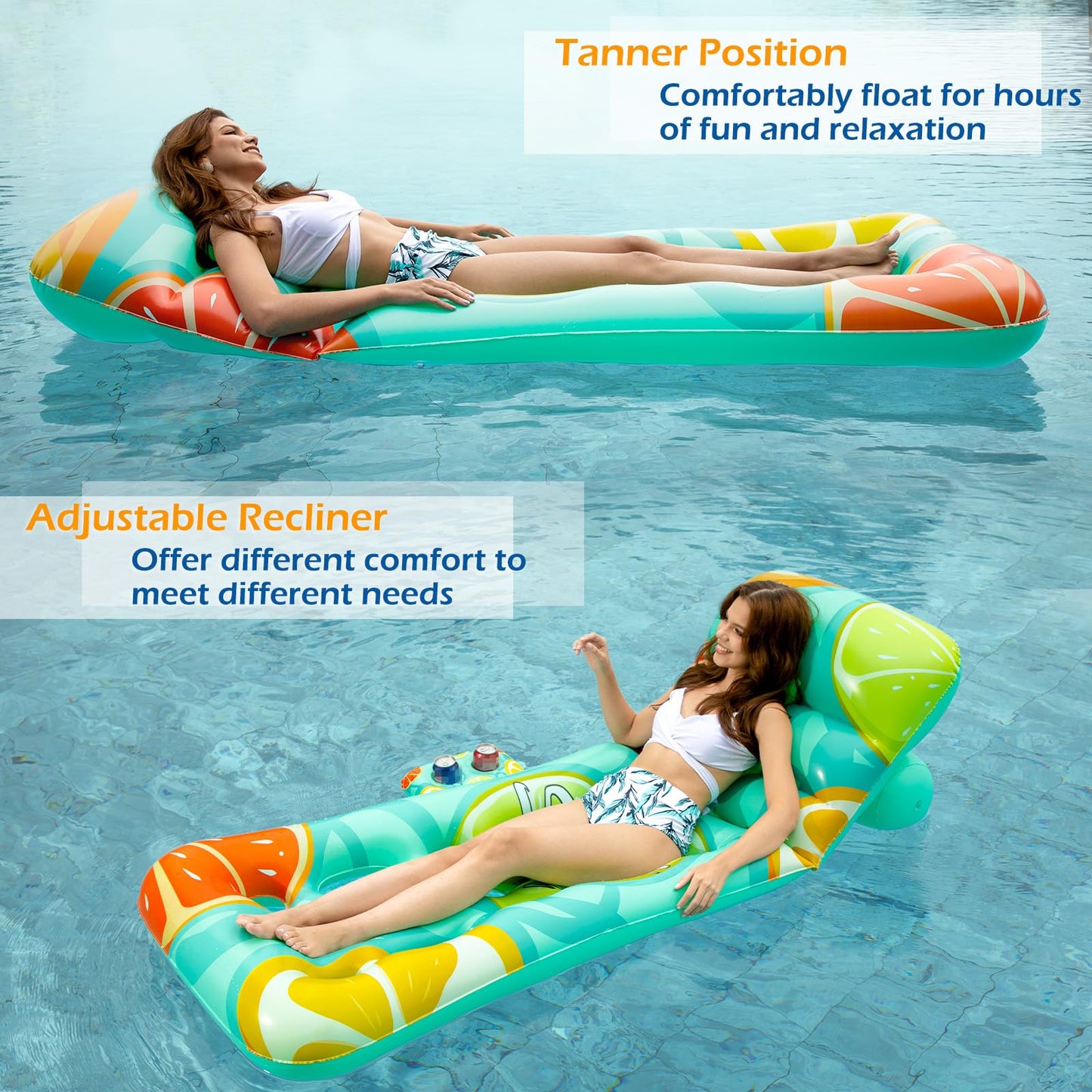 Jasonwell Inflatable Pool Float Adult - Pool Floaties Lounger Floats Floating Chair Raft with Adjustable Backrest Cup Holders Water Floaty Lake Lounge Tanning Floats Beach Party Toys for Adults Fruit