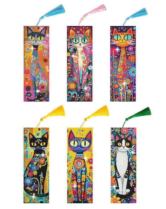 Puraikcmi 6 PCS 5D DIY Diamond Art Bookmarks Kit Cats Diamond Paintings Bookmarks Kits with Tassels Acrylic, Rhinestone Crafts Decoration Gift Set for Book Lovers Beginners & Adults