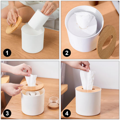 Bamboo Lid Round Tissue Holder Box 5x5'' – Decorative Toilet Paper Roll Dispenser & Dryer Sheet Case – Space-Saving Wood Organizer for Bathroom - for Paper Rolls Under 5 inches only