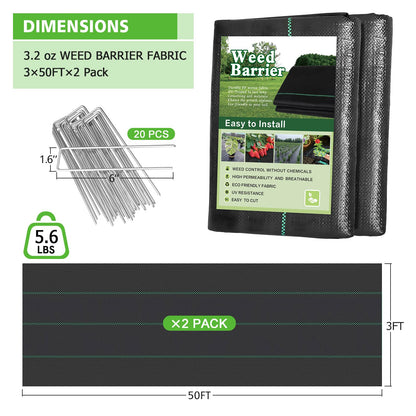 Gree-Mac 3x100FT Weed Barrier Landscape Fabric, 3.2oz Heavy Duty Garden Cloth, Ground Cover for Gardening, Come with 20 U-Shaped Securing Pegs