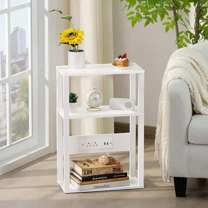 YUFAM 3-Tier Small Narrow Wood Side Table with Charging Station, Skinny Nightstand for Small Space, Slim Bedside Table with Storage for Couch, Thin End Table with USB Ports and Outlets, White