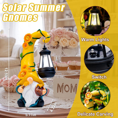Mothers Day Gifts - Garden Gnome Statue with Solar Lights Large Garden Sculptures Funny Bee Gnome Outdoor Patio Lawn Yard Garden Decor Birthday Gifts for Women Mom 12 in Summer Gnomes Outdoor