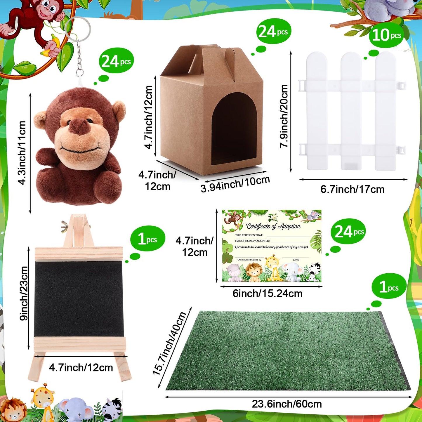 Blueweenly 84 Pcs Adopt a Pet Party Supplies 24 Mini Animals 10 White Plastic Fence 24 Paper Gift Boxes 24 Adoption Cards with Mini Chalkboard and Artificial Lawn(Safari Animals)
