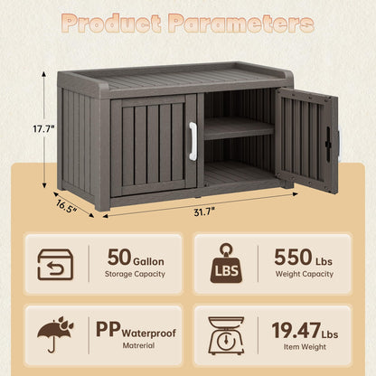 KAMABOKO Shoe Storage Cabinet Waterproof UV-Resistant, Entryway Storage Bench Indoor Outdoor with 2 Barn Doors, Adjustable Shelves for Entryway, Bedroom, Hallway,Living Room(Classic Grey)