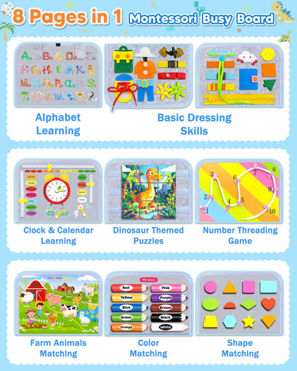 Gojmzo Busy Board Montessori Toys for Toddler Boy Girl Birthday Gifts, Busy Book Sensory Toys for Toddlers, Learning Educational Toddler Travel Activities