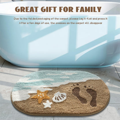 Beach-Themed Ultra-Plush Bath Mat, Wave Sand Shells Bathroom Rugs with Non-Slip Backing, Absorbent Microfiber Starfish Bath Rug, Machine Washable Coastal Bath Mats for Home Decor 20x32In (Sand Beige)