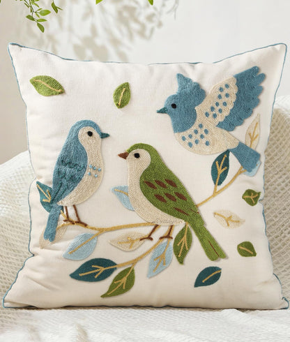 Kokaaee Embroidered Throw Pillow Cover 18x18 Inch - Spring Boho Decorative Pillow Covers with Zipper for Couch Sofa Bedroom Living Room Cushion Pillowcase, Birds Leaves