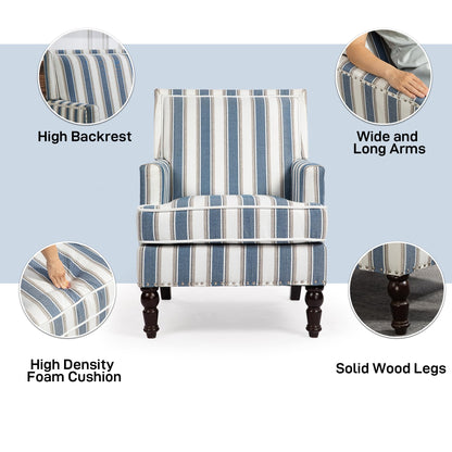 WakeZero Accent Chair, Comfy Cozy Modern Mid-Century Accent Chairs, Linen Upholstered Lounge Arm Chair with Solid Wood Reading Side Padded Single for Living Room/Office/Balcony/Bedroom-Blue Stripe