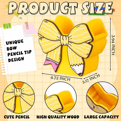 Marspark 2 Pcs Cute Bow Pencil Shaped Pen Holders for Desk Coquette Back to School Gifts Yellow Bow Pencil Organizer Teacher Appreciation Gifts for Women Makeup Brush Office Birthday Thank You Favor