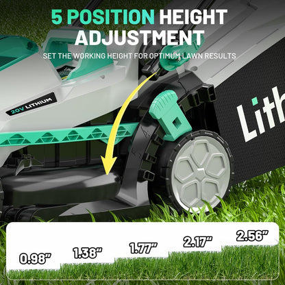 Litheli 20V 13" Cordless Lawn Mower, Electric Lawn Mowers for Garden, Yard and Farm, 5 Heights, with Brushless Motor, 4.0Ah Battery & Charger Included
