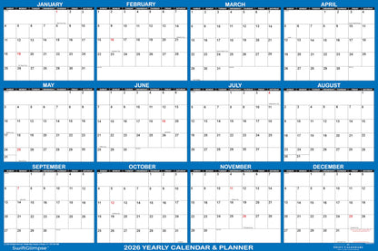 18" x 24" SwiftGlimpse 2026 Wall Calendar Erasable Large Wet & Dry Erase Laminated 12 Month Annual Yearly Wall Planner, Reversible, Horizontal/Vertical, Navy